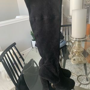 Black velvet knee high boots